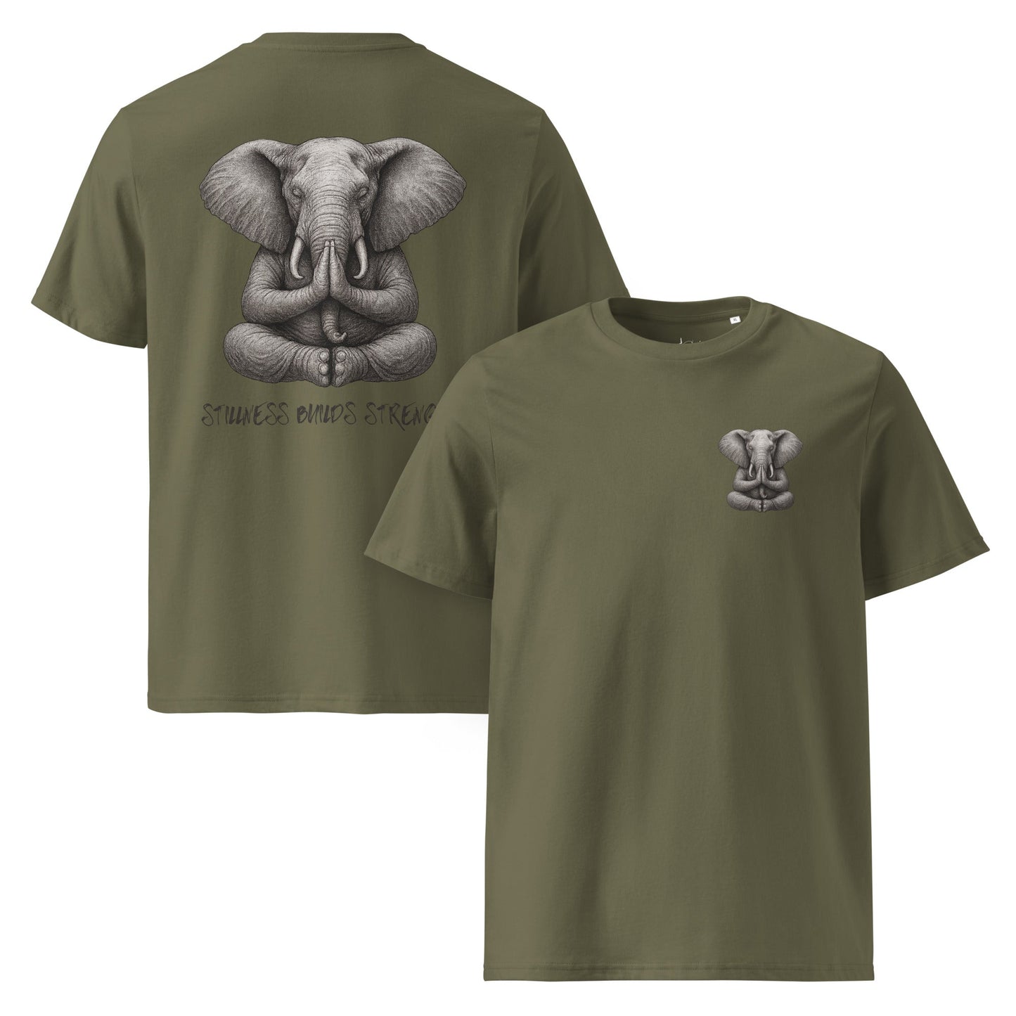 Unisex - Bio - Baumwoll - T-Shirt –Yoga T-Shirt Elefant – Stillness builds strength – Boho Shirt – Bio - Baumwolle Unisex – Spirituell & achtsam - YogaStylz