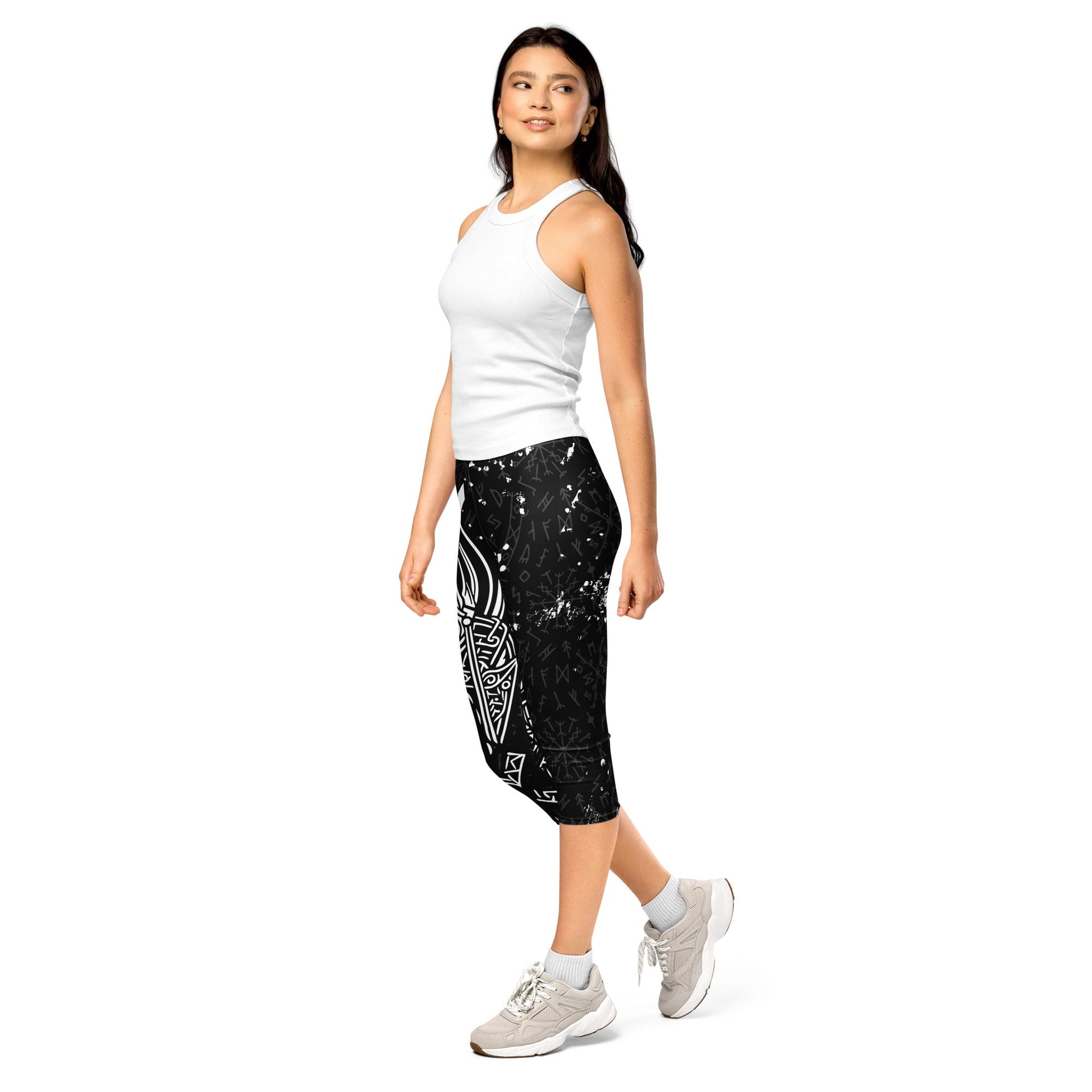 Viking Leggings Schwarz - Weiß – Krieger - Design mit Runen & nordischer Mythologie | Stretch Activewear Damen – Stark & Stilvoll - YogaStylz