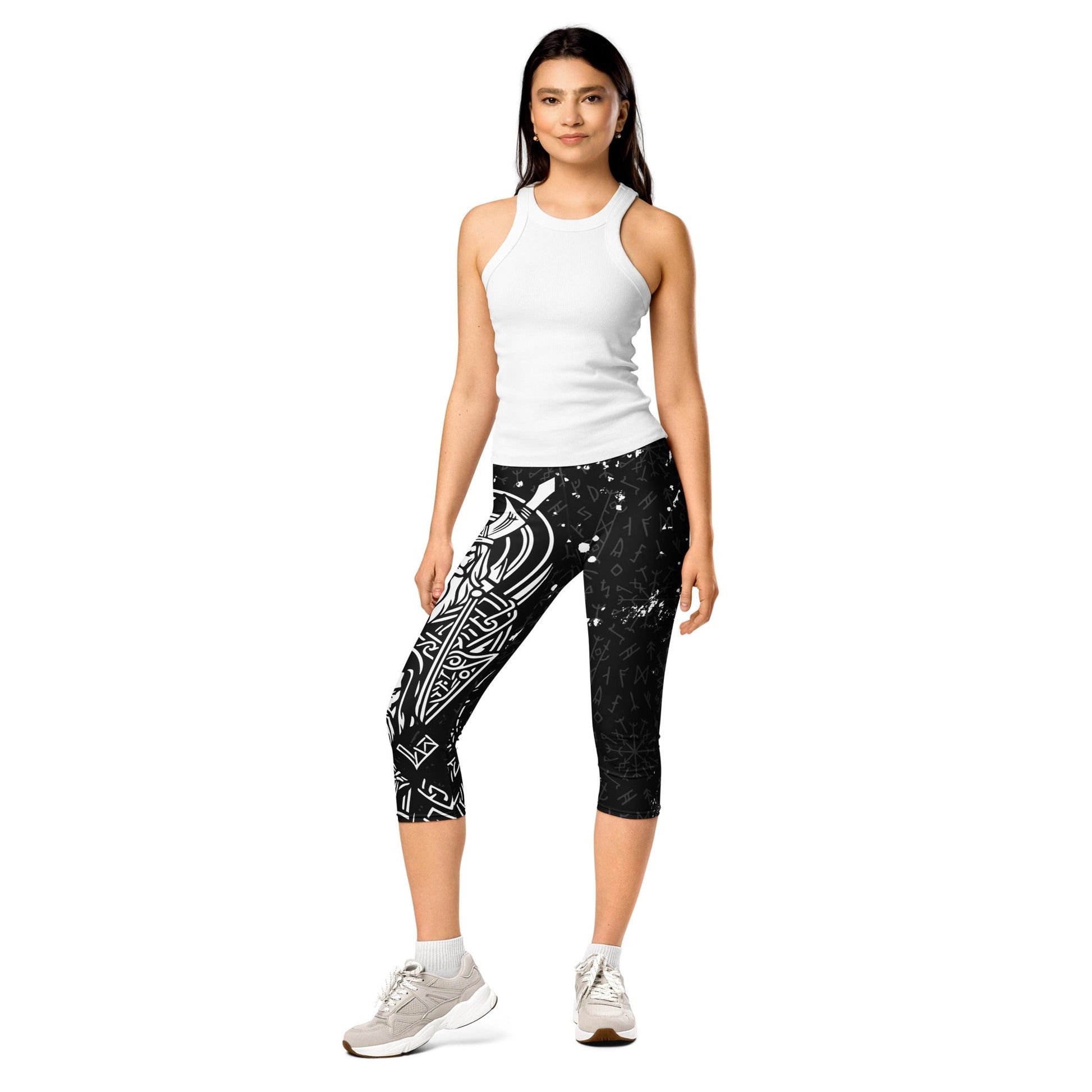 Viking Leggings Schwarz - Weiß – Krieger - Design mit Runen & nordischer Mythologie | Stretch Activewear Damen – Stark & Stilvoll - YogaStylz