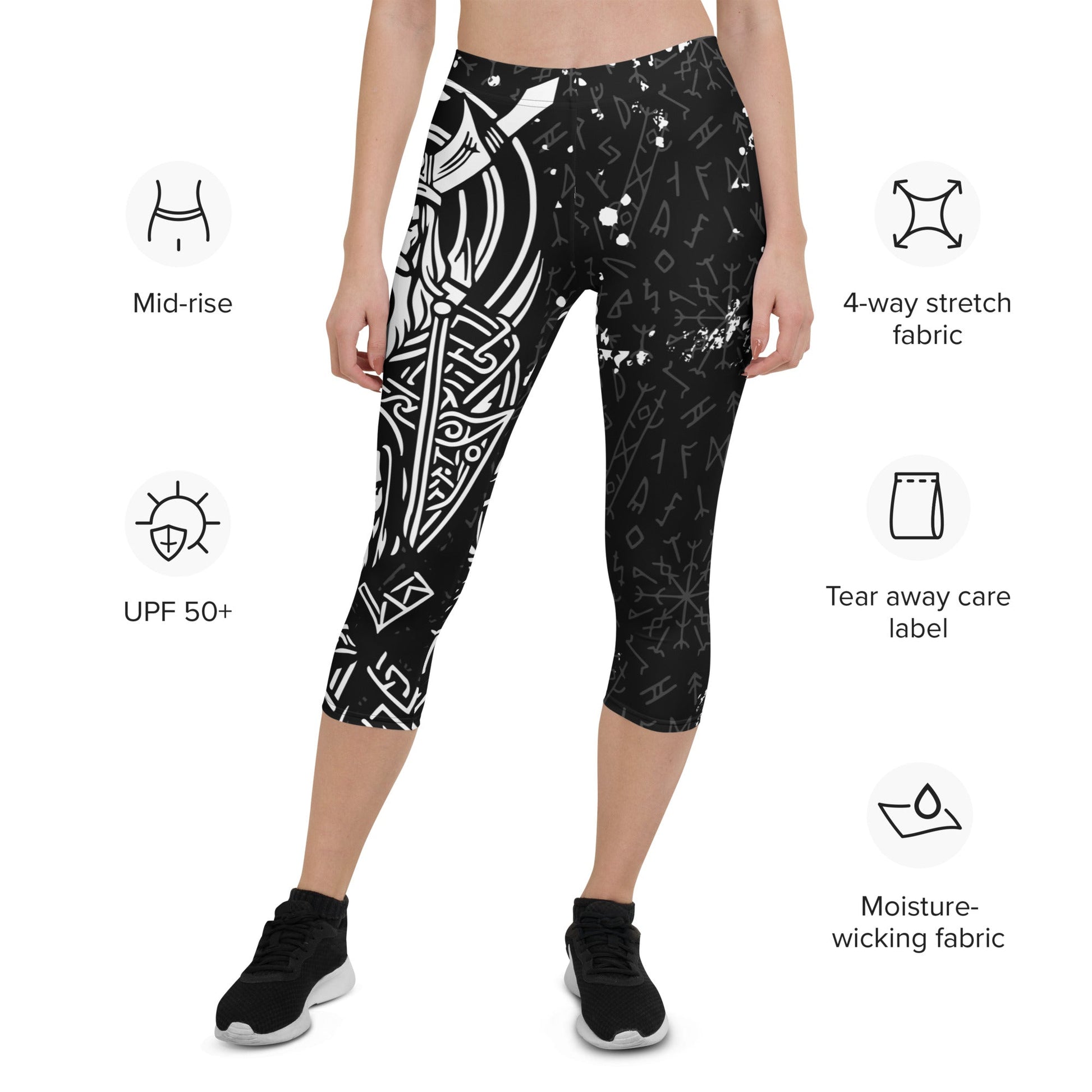Viking Leggings Schwarz - Weiß – Krieger - Design mit Runen & nordischer Mythologie | Stretch Activewear Damen – Stark & Stilvoll - YogaStylz