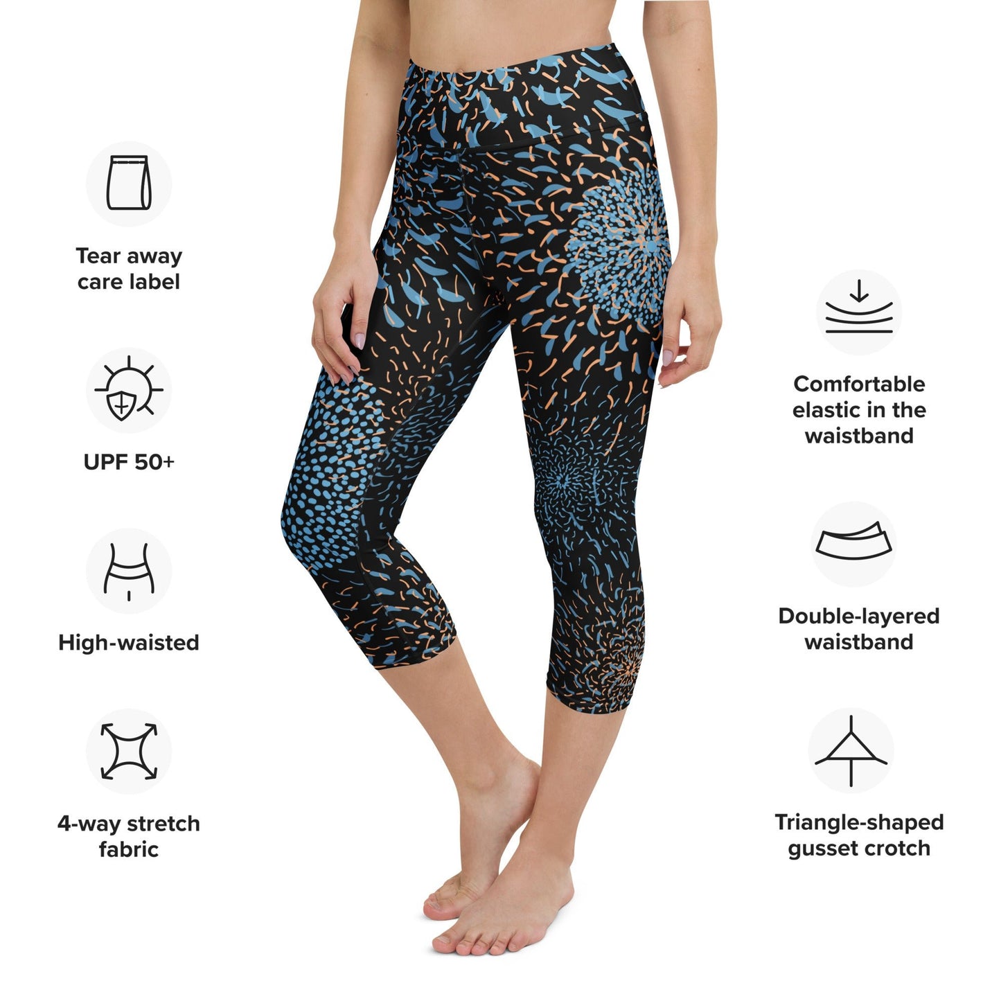 Yoga Capri - Leggings Blau Schwarz – Hoher Bund & 4 - Wege - Stretch | Bequeme Sport - Capri für Damen, stylisch & funktional - YogaStylz