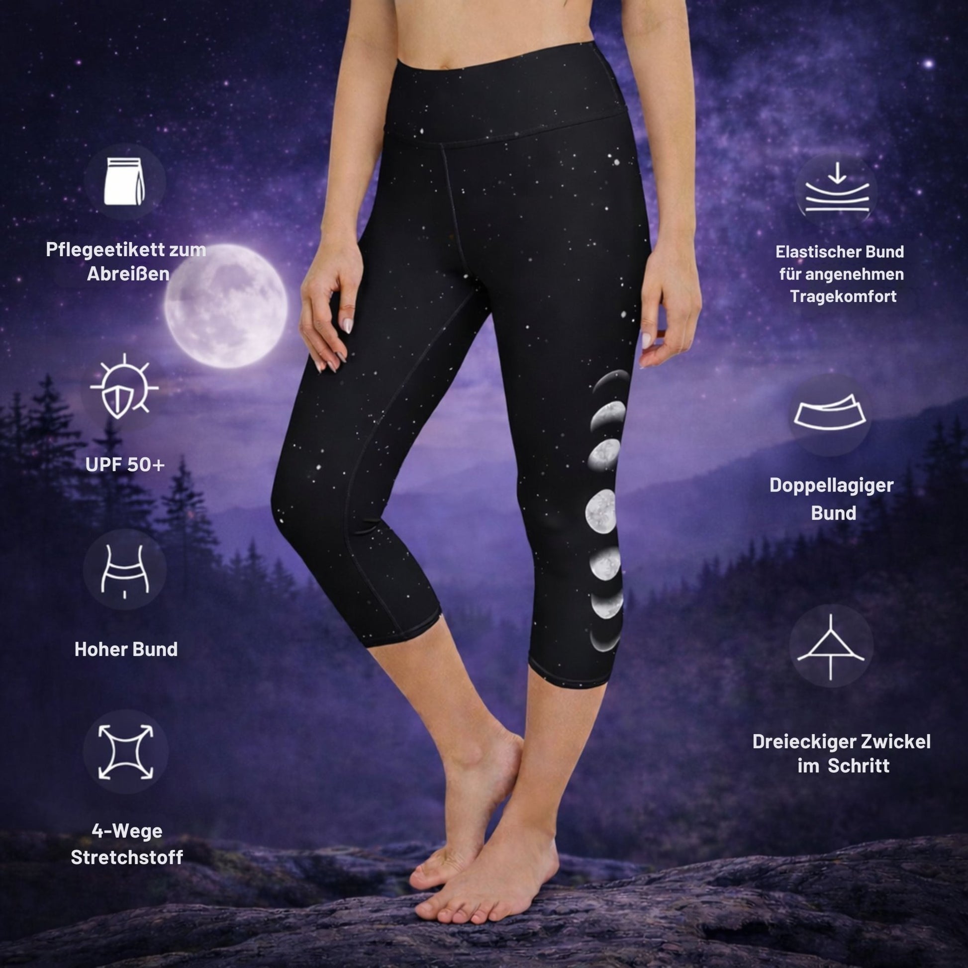 Yoga - Capri - Leggings Mondphasen auf Sternenhimmel - YogaStylz